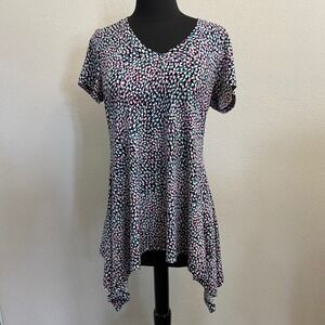 Chaus Women's Tunic Top V Neck Handkerchief Hem Abstract Print Casual Blouse Med